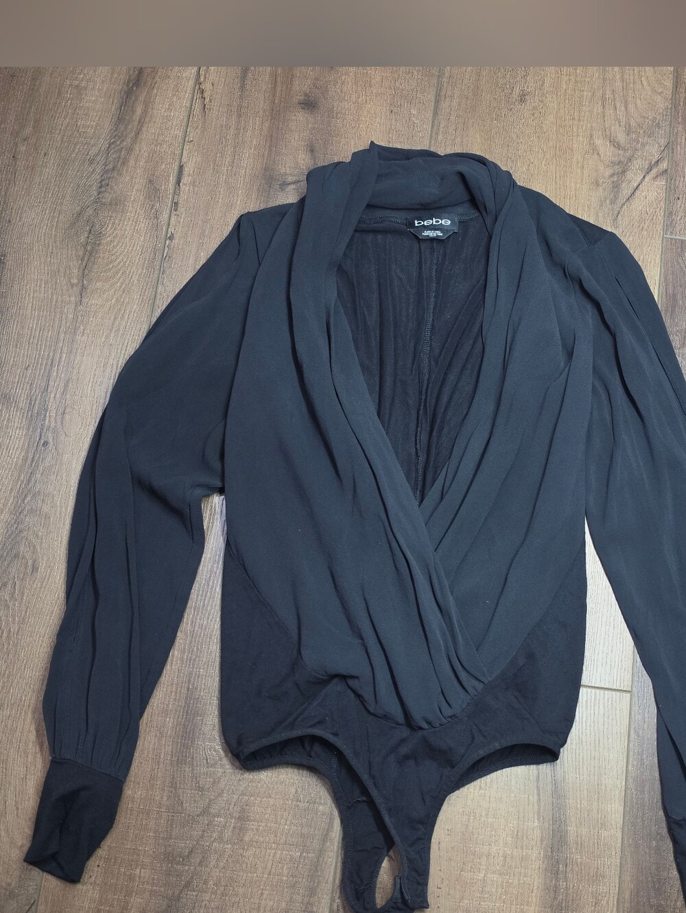Bebe Black Draped Wrap Bodysuit XS Long Sleeve Deep V Y2K